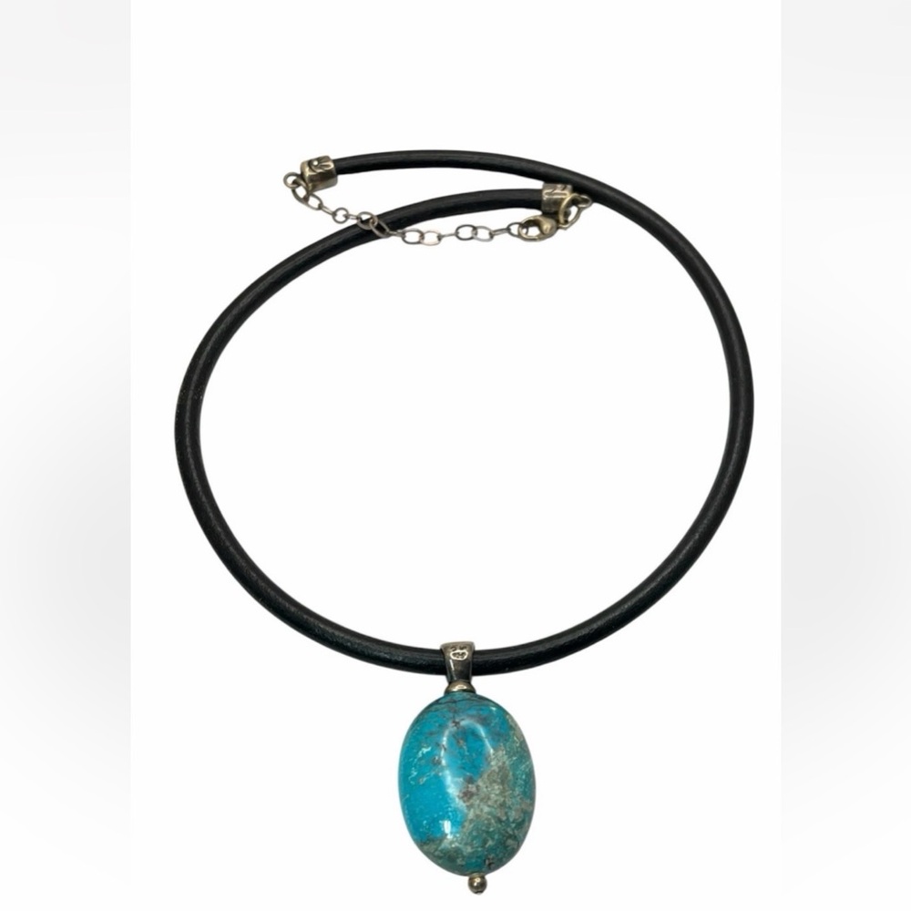 Vintage 90s Necklace Sterling Silver Chunky Turquoise Pendant Leather 16”-18”